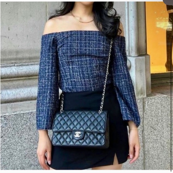 NWT Zara black and blue tweed off the shoulder top size XS - Picture 4 of 9